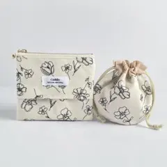 線画フラワー柄＊ナチュラル可愛いティッシュポーチ＆巾着セット／noci定番