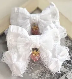 ゆめかわヘアリボンピン　フリルホワイト×サテンホワイト