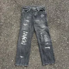 y2k ワールドワイドラブ　ブラックデニム　ダメージ加工　パッチワーク　ジーンズ