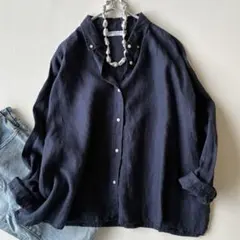 ミラオーウェン ゆったりフレンチリネン100%ボックスシルエットネイビーシャツ