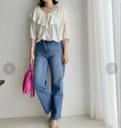 ローリーズファーム フリルブラウス サテンラッフルカラーカットソーアイボリー　F
