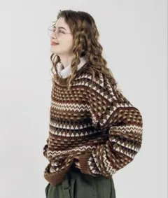 MUHET 長袖ニット ブラウンジグザグ柄オーバーサイズニットXL（LL）サイズ
