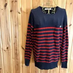 【シュカグローバルワーク】ニット　長袖　ボーダー柄　前ポケット付　ネイビー系