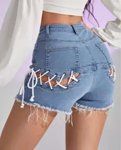 新品✴︎未使用ヒップレースアップデニムショートパンツ/S〜Mサイズ、カットオフ