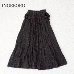 インゲボルグ ドット柄ロングフレアスカート 黒 タック入 プリーツ風 リボン付
