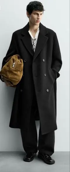 ウール混ダブルブレストコート ベルト付き