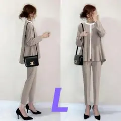 ペプラムパンツスーツ 卒園 卒業式 入学式 入園式 オフィス 通勤 L ベージュ