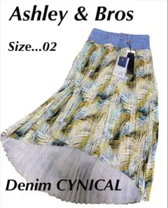 CYNICAL ロングスカート M ボタニカル柄 デニム切替 プリーツ 爽やかのサムネイル