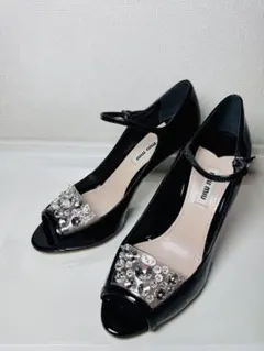 【新品　未使用】Miu Miu ✨ブラックビジューオープントゥ　ヒール　箱あり〼のサムネイル