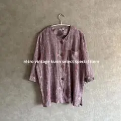 昭和レトロブラウス　ノーカラー　総柄シャツ　半袖ブラウス　ヴィンテージ　シアー