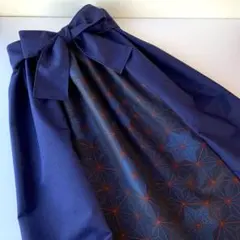 大島着物生地 スカート 藍色 × 麻の葉柄 & 紫紺