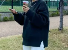 ダークグリーン リブ編み ニットセーター