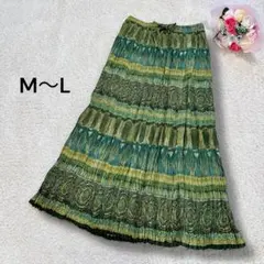 インド綿　アジアン　エスニック風　総柄ギャザーロングスカート　グリーン系　M L
