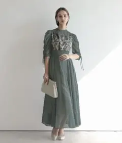 Dorry Doll フラワーレース　オーガンジードレス　ライトカーキ