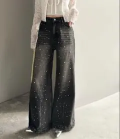 パールビジューワイドストレートデニムパンツ