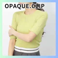 美品　オペークドットクリップ 切替シアーリブニット グリーン 五分袖 ニット L