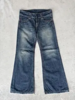 ブーツカットデニム フレアデニム 色落ち ダークブルー 赤ステッチ 色落ち