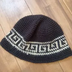 クラッシャーハット ハンドメイド 雷紋柄 ブラック アイボリー 黒 帽子