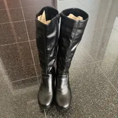 ブラック厚底ロングブーツ 合成皮革 ヒール8cm