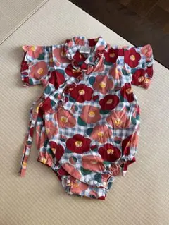 花柄チェックの甚平ロンパース　80サイズ