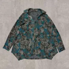 花柄シャツ 長袖 ターコイズブルー グレー系 総柄 カジュアル 秋冬 レトロ風