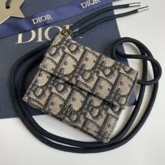 【美品】ディオール 三つ折り財布 オブリーク ネイビー ネックストラップ付きのサムネイル