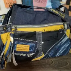 デニムリメイクバッグ　イエロー　リュック　3way リメイクデニム