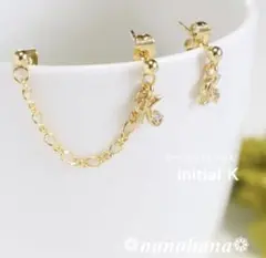 《ジルコニア付イニシャルK2連チェーンピアス》288サージカルステンレス