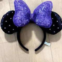 ディズニー ミニーマウス カチューシャ 紫リボン チュール ストーン