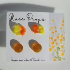 ガラス ドロップス サージカルステンレス ピアス イエロー オレンジ クリア
