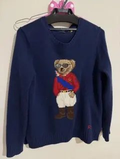クマ刺繍 ネイビー ニットセーター 長袖