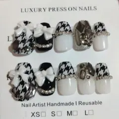 現品 ネイルチップ 千鳥柄 モノトーン スナ系 ホビ垢 埋め尽くし バレリーナ