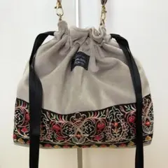 巾着バッグ　インド刺繍リボン　A