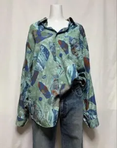 【vintage】総柄長袖ブラウス　シャツ　ブルーグリーン系　L　ゆるダボ　古着