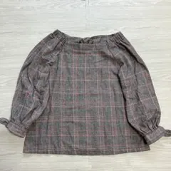 オフショルダー　チェック　長袖カットソー　袖リボン ラウンドネック