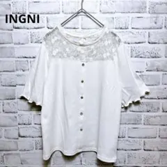 【イング】 レース切替 リブトップス 半袖 ホワイト M 花柄レース きれいめ