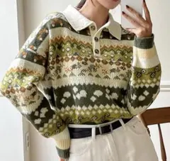 DAZY☆ 幾何学模様 ポロネック ドロップショルダー セーター