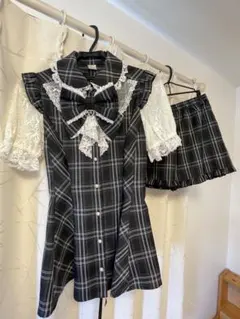 Secret Honey 半袖 レースラッフルセットアップ （チェッククロ）