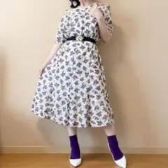 小花柄 ドット柄 ノーカラーワンピース 昭和レトロ ヴィンテージ 日本製 白 紫