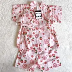 【新品未使用】ベビー 甚平 浴衣 いちご 花柄 ピンク さくらんぼ 80