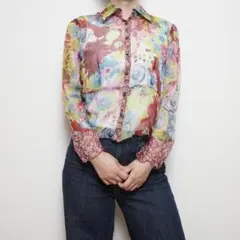 シャツ ブラウス シルク 透け感 花柄 総柄 レトロ ヴィンテージ レイヤー