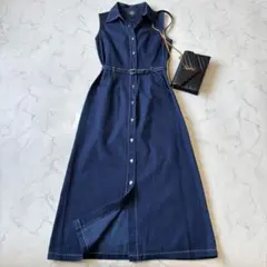 美品　ローラアシュレイ デニム ワンピース ノースリーブ　ベルト　7号◆7925