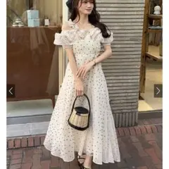 GRL ドット柄フリルオフショルダーフレアロングワンピース[ru1165]