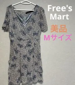 【美品】グレー 水玉 リボンプリント 半袖ワンピース　Mサイズ