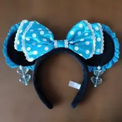 廃盤品 青と白のドット柄レース付きリボンカチューシャ