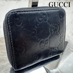 ✨美品✨グッチ　コインケース　ラウンドジップ　GG柄　シマ　レザー　黒