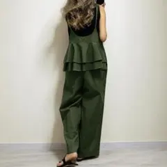 サロペット ワイドパンツ バックフリル オーバーオール ゆったり グリーンc51のサムネイル