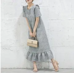 フラワージャガードフリルドレス ワンピース ロング丈 小花柄