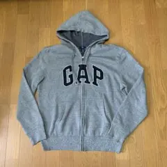 GAPギャップジップアップパーカーフーディースウェットフード付き灰色グレー黒刺繍