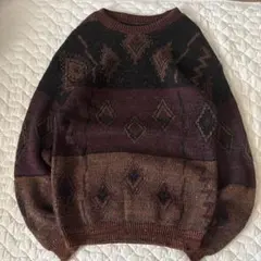 90s チェコ製　総柄ニット　幾何学模様　ノルディック柄　神配色ゴールデンサイズ
